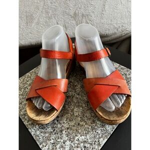 Kork-Ease Orange Leather Cork Wedge Sandals K38105 Womens‎ 8M Platform Buckle